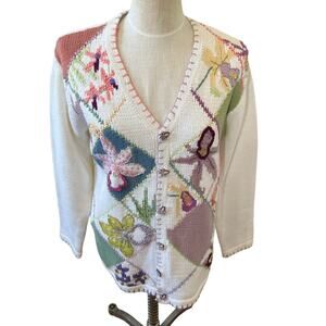 Vintage Hand Knit Story Book Knit Spring Lilly Cardigan Sweater S